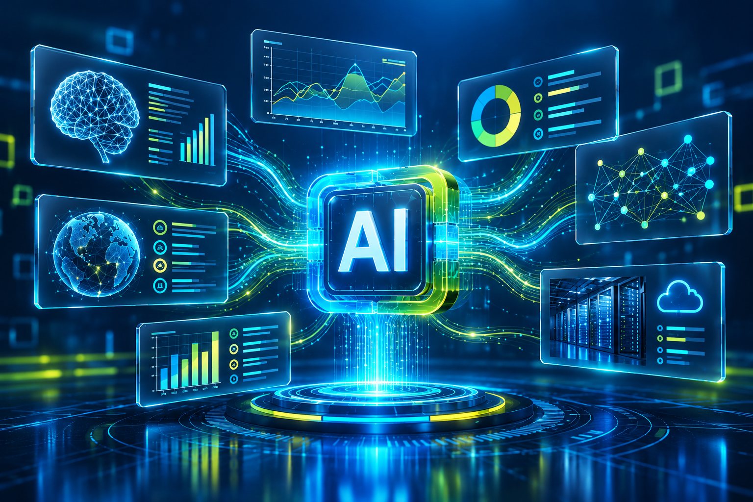 KI-Illustration mit Dashboards und 360°-Logo